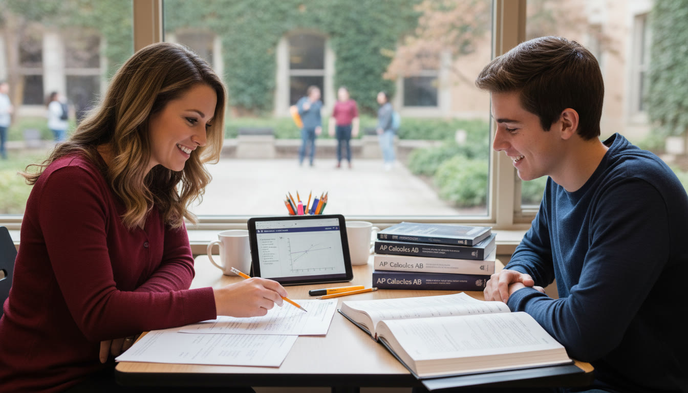 Photo Idea : A small study table with a tutor and teen reviewing a practice test together—books and a tablet open, natural light—showing collaborative, calm tutoring in action.