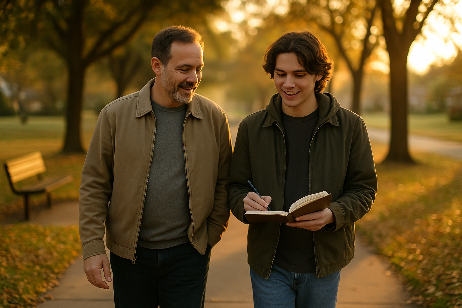 Photo Idea : A calming late-afternoon scene: parent and teen taking a walk together with a notebook—showing emotional connection and space to talk about college decisions outside the house.
