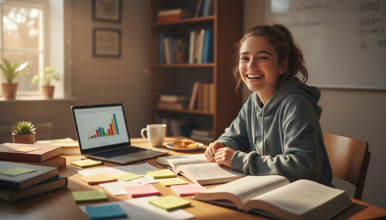 Photo Idea : A warm, candid photo of a high school student smiling at a desk covered with colorful study notes and an open laptop, sunlight pouring in suggesting focused and joyful studying rather than stress.