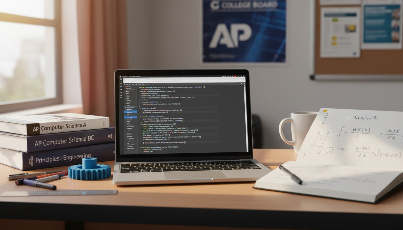 Photo Idea : A bright study table with a laptop showing Java code, a notebook with calculus integrals, and a small 3D-printed gear — symbolizing the intersection of CS, math, and engineering.