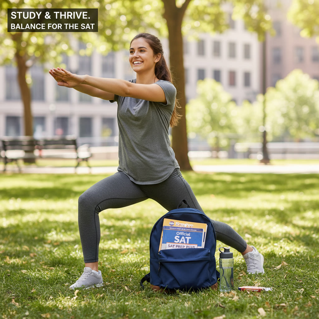 Photo idea: A student in a park doing dynamic stretching beside a backpack and SAT prep books—conveys study + movement balance.