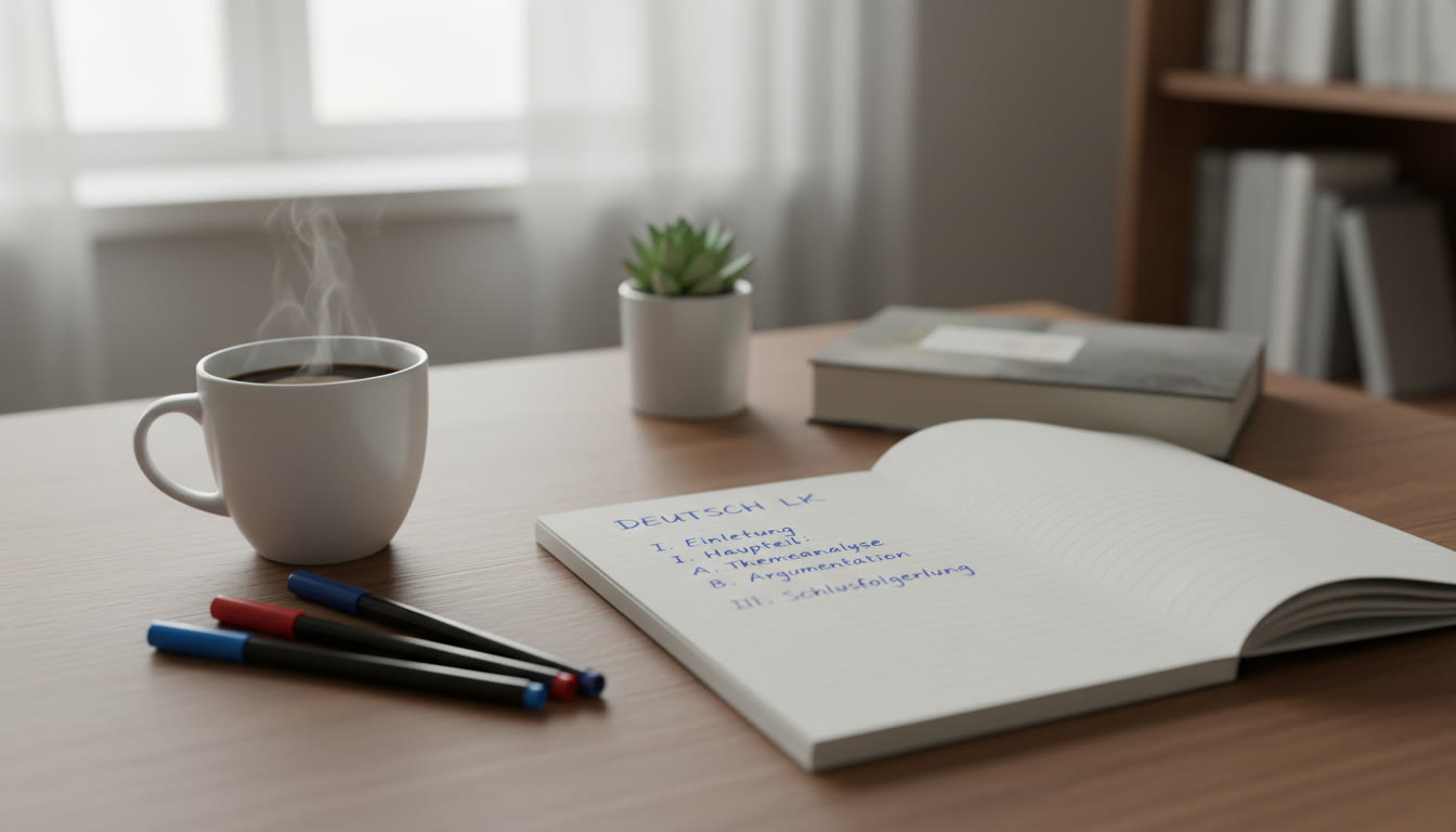 Photo Idea : A tidy desk with a notebook open showing a clear outline in German, pens, and a cup of coffee — symbolizes organization and calm focus during FRQ prep.