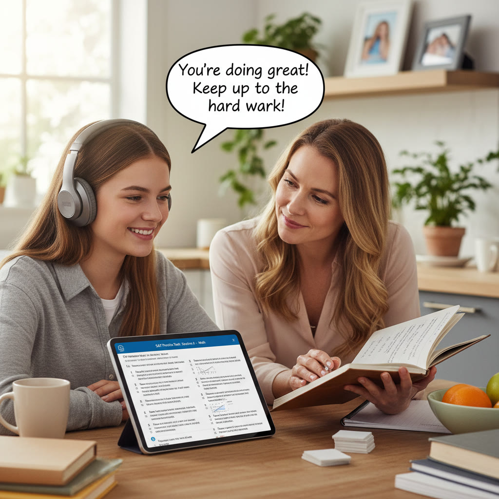 Photo Idea : A student taking a full-length digital practice SAT on a tablet at a kitchen table, headphones on, with a parent nearby offering supportive notes.