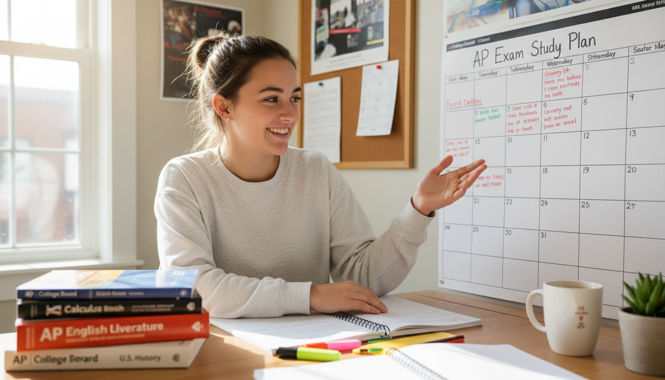 Photo Idea : A student at a desk with AP books and notes, highlighting a study plan calendar—bright, focused, candid—top 30% placement to set the article's tone.