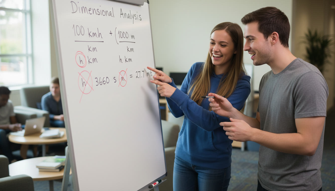 Photo Idea : A whiteboard showing dimensional analysis steps for a conversion, with a student and tutor pointing at the units. Action shot to emphasize collaborative problem-solving.