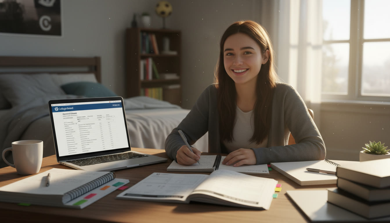 Photo Idea : A high school student at a desk with open notebooks, an AP exam booklet, and a laptop displaying a clean, typed transcript — natural warm light, candid study vibe.