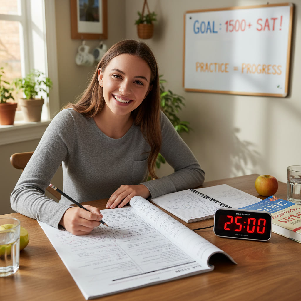 Photo idea: A student taking a timed practice SAT at a kitchen table with a visible timer and textbook notes nearby — conveys a home practice environment.