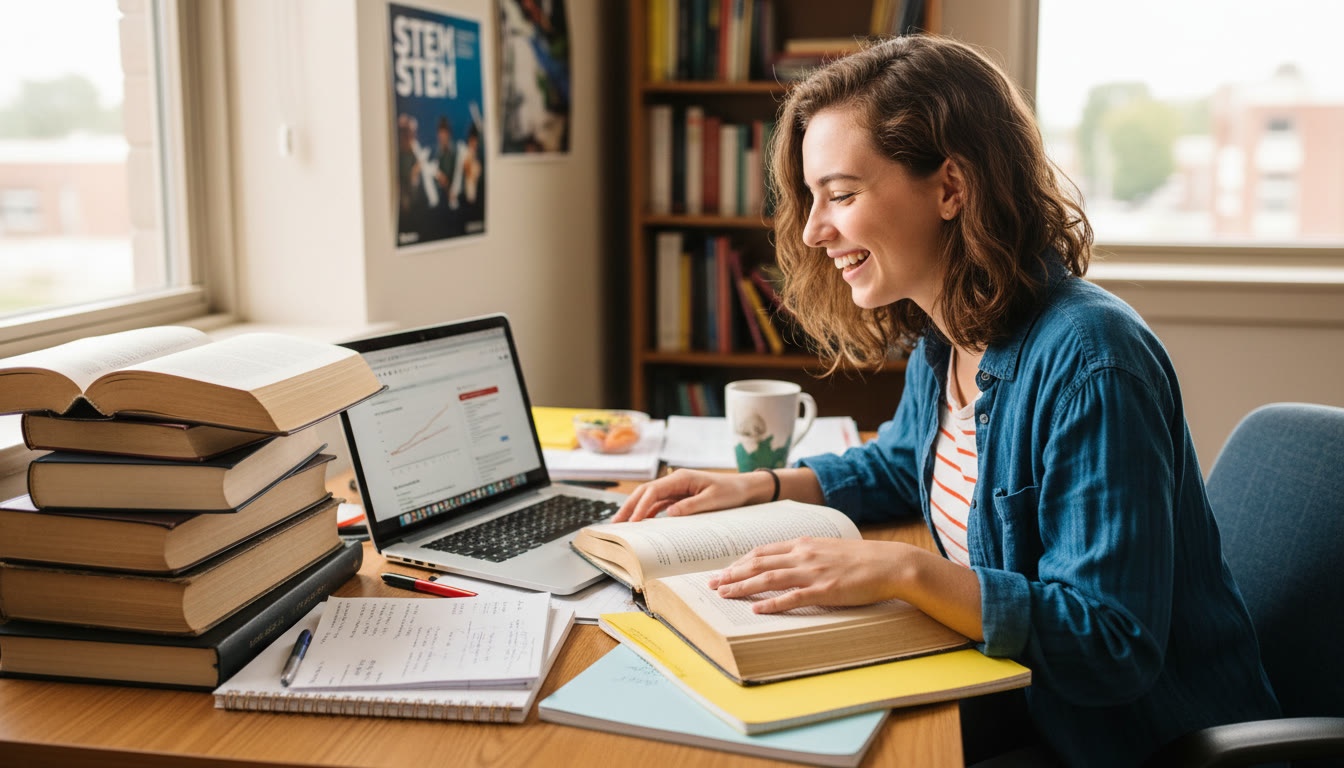 Photo Idea : A student at a desk surrounded by books and a laptop, highlighting the balance between digital and print sources for research.