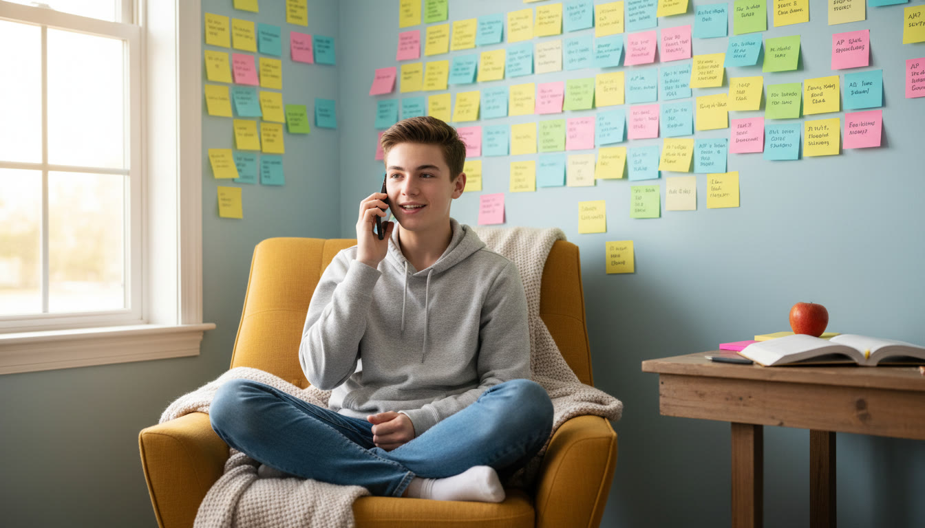 Photo Idea : A high school student in a cozy study corner, speaking into their phone for a practice recording, with sticky notes of prompt ideas on the wall — natural light, casual clothing, focused expression.