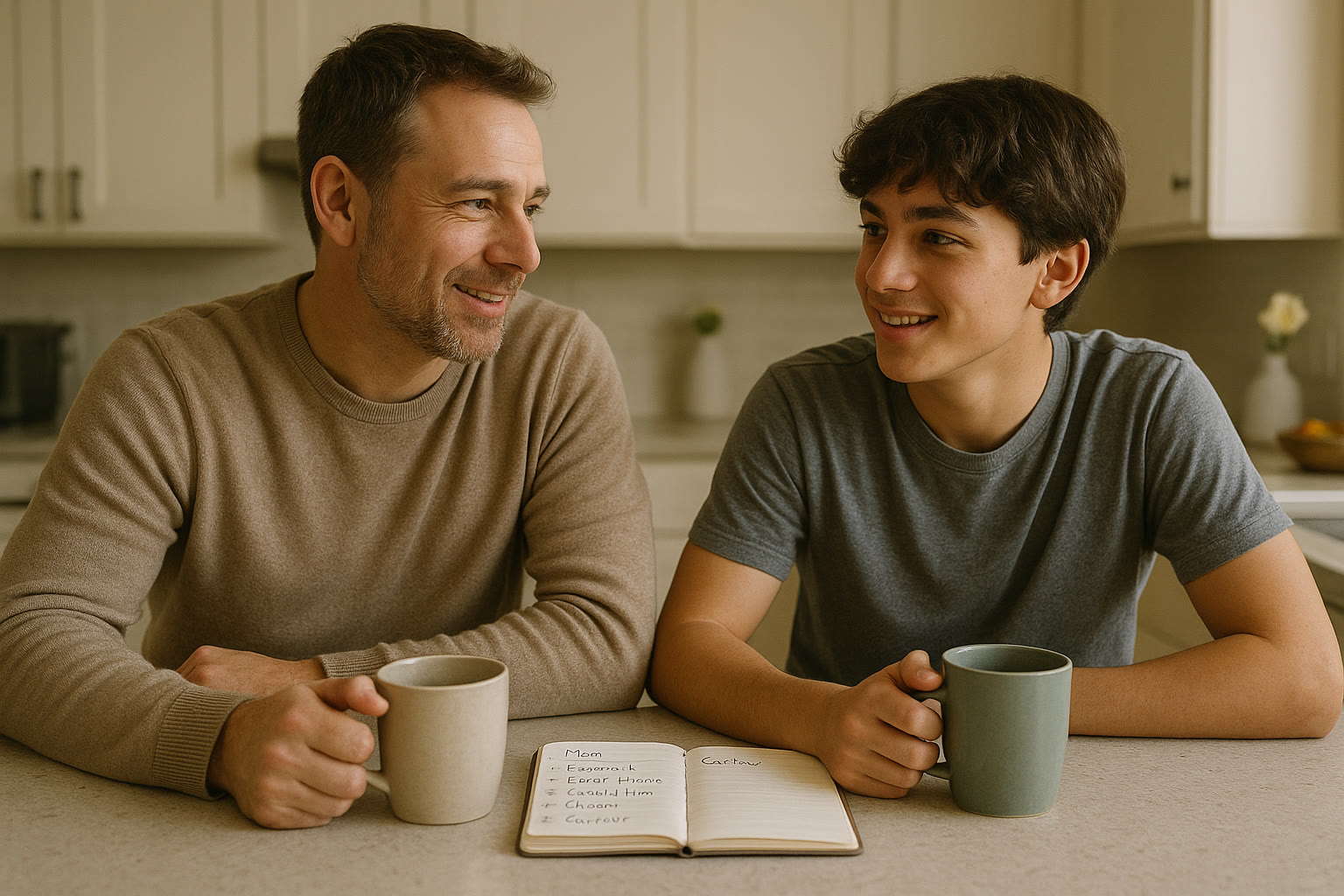 Photo Idea : A parent and teen talking over coffee at a kitchen counter, both relaxed, a small notebook open with a simple weekly plan—visualizing a real, calm conversation about boundaries and goals.