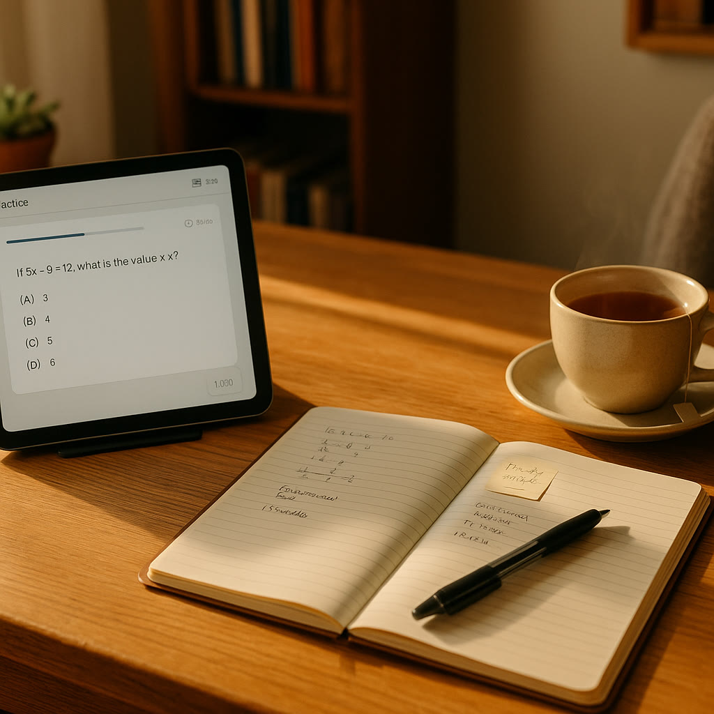 Photo Idea : A cozy desk scene showing a tablet with a digital SAT practice screen, a notebook with handwritten notes, and a cup of tea — capturing focused, device-based study at home.