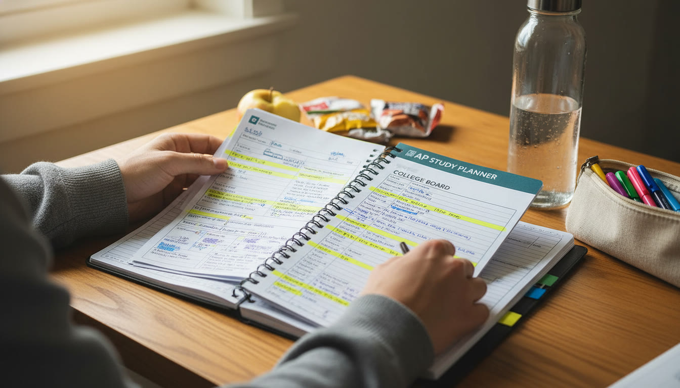 Photo Idea : Close-up of a student’s hands organizing a study planner and annotated AP notes on a desk, with a water bottle and pencil case to suggest routine and preparedness.