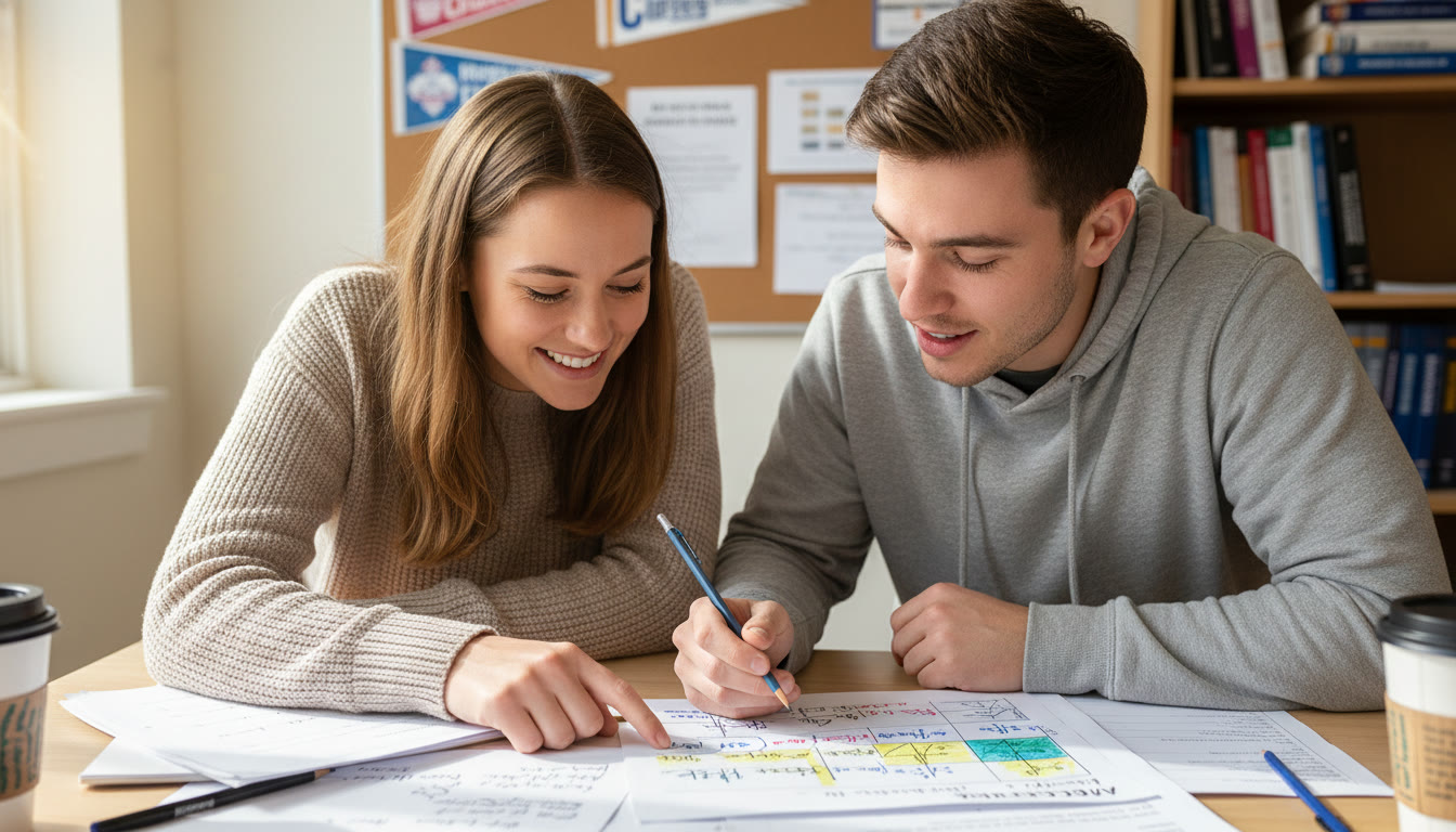 Photo Idea : A close-up of a tutor and student leaning over a printed FRQ with a colorful chart, the tutor pointing to a section — illustrating collaborative analysis and personalized feedback.