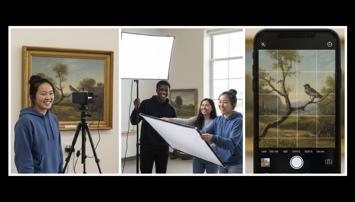 Photo Idea : A step-by-step grid: left shows a phone on a tripod capturing a painting, middle shows a student adjusting an LED light diffuser, right shows a close-up detail image on the camera screen. Demonstrates continuity from setup to capture.