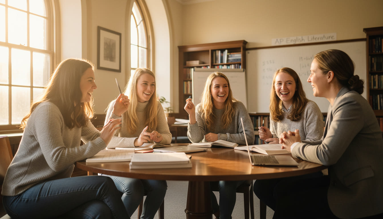 Photo Idea : A sunlit small seminar room at a women’s college with students engaged in discussion, notebooks open, and a professor leaning in to listen — captures intimate learning and mentorship.