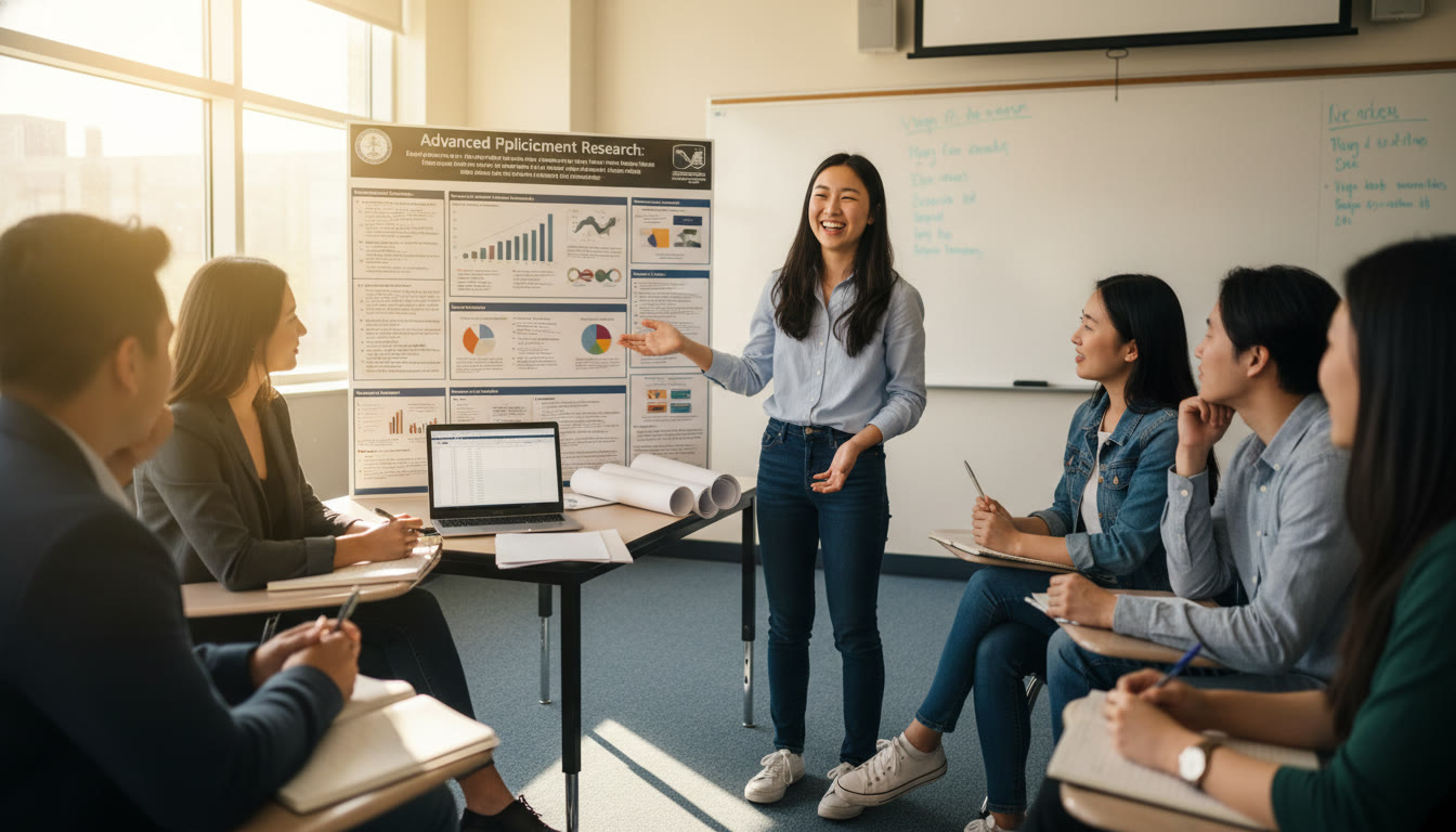 Photo Idea : A student presenting a research poster to classmates in a sunlit classroom, with a laptop and printed charts captures the culmination of AP Research and the confidence it builds.