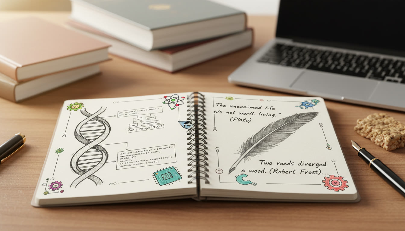 Photo Idea : A close-up of a student notebook where sketches, code snippets, and literary quotes overlap — a visual metaphor for interdisciplinary work.