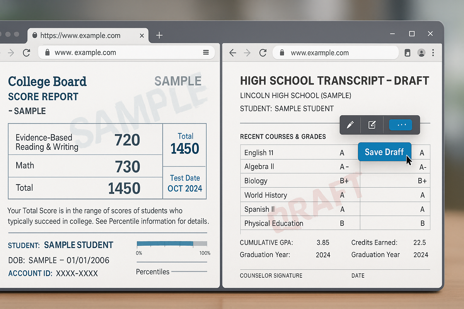 Photo Idea : A screenshot-style mockup image of a student's College Board score report page and a high school transcript being prepared side-by-side.