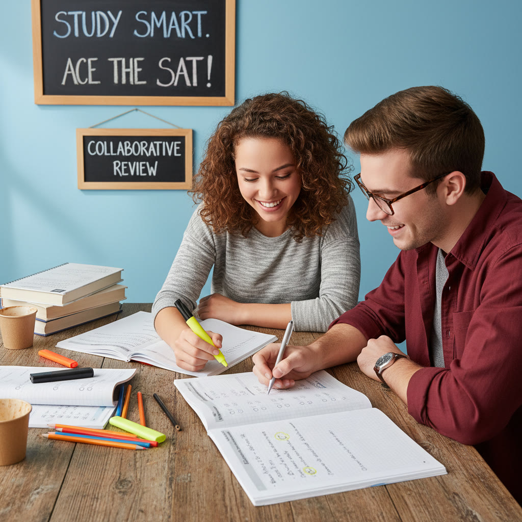 Two students reviewing SAT practice papers at a small table, one pointing to a highlighted answer choice while the other writes notes — emphasizes collaborative review and pattern-spotting techniques.