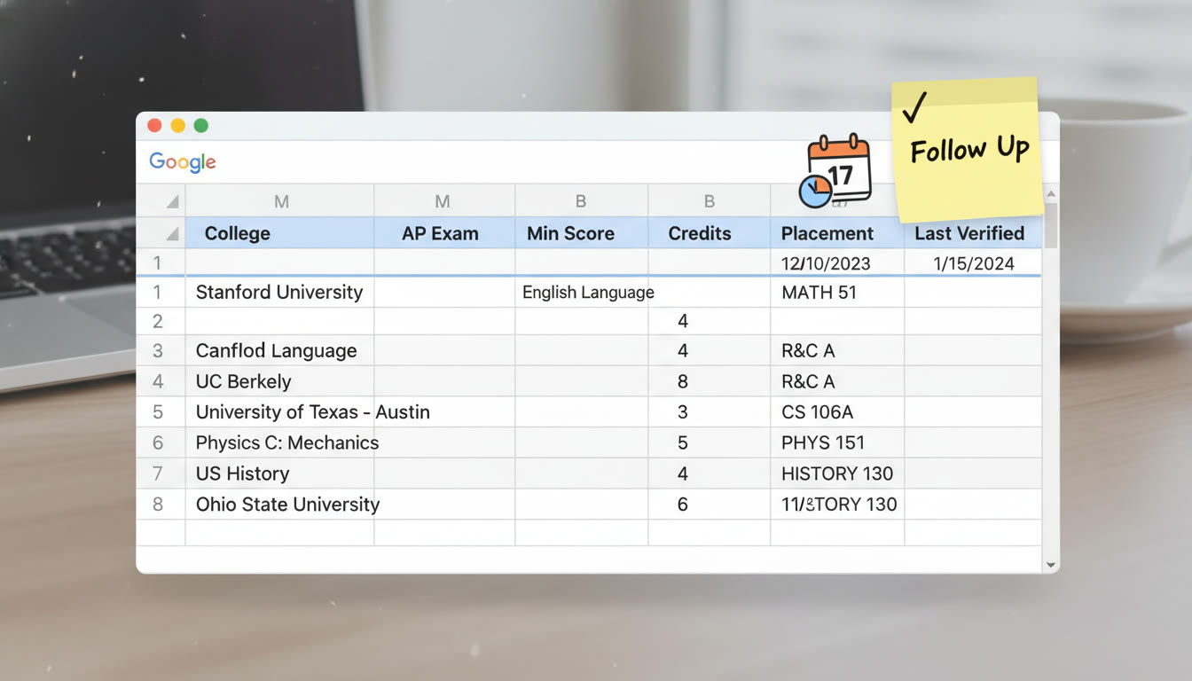 Photo Idea : A screenshot-style mockup of a Google Sheet with columns for College, AP Exam, Min Score, Credits, Placement, and Last Verified. Overlay sticky-note icons for 