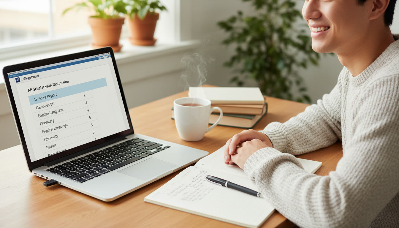 Photo Idea : A calm student at a desk with a laptop open to an AP score page, a notebook with a pen, and a cup of tea—conveys thoughtful planning rather than stress.
