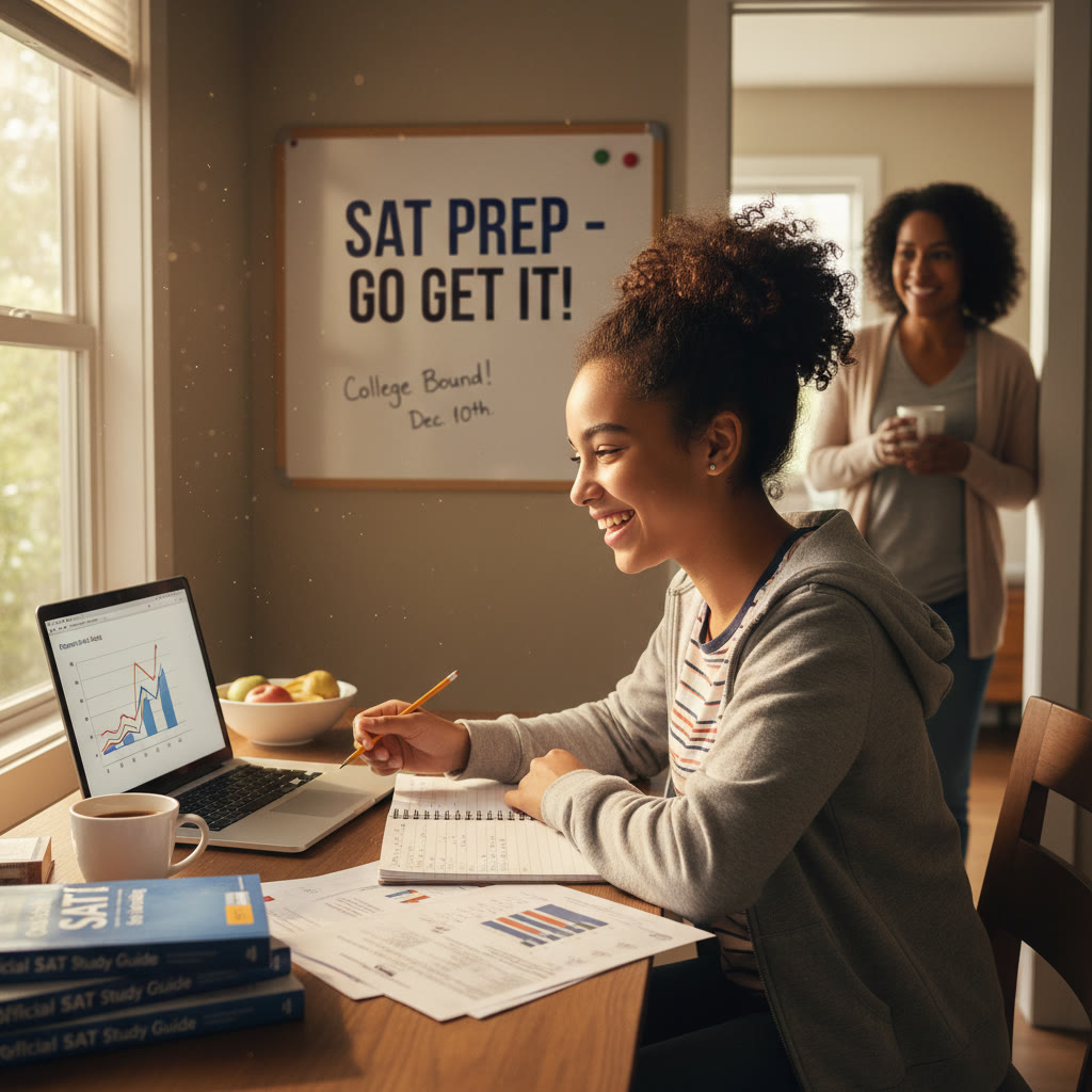 Photo Idea : A focused high-school student sitting at a desk with a laptop, notebook, and practice SAT materials; warm morning light and a parent glancing supportively from the doorway.
