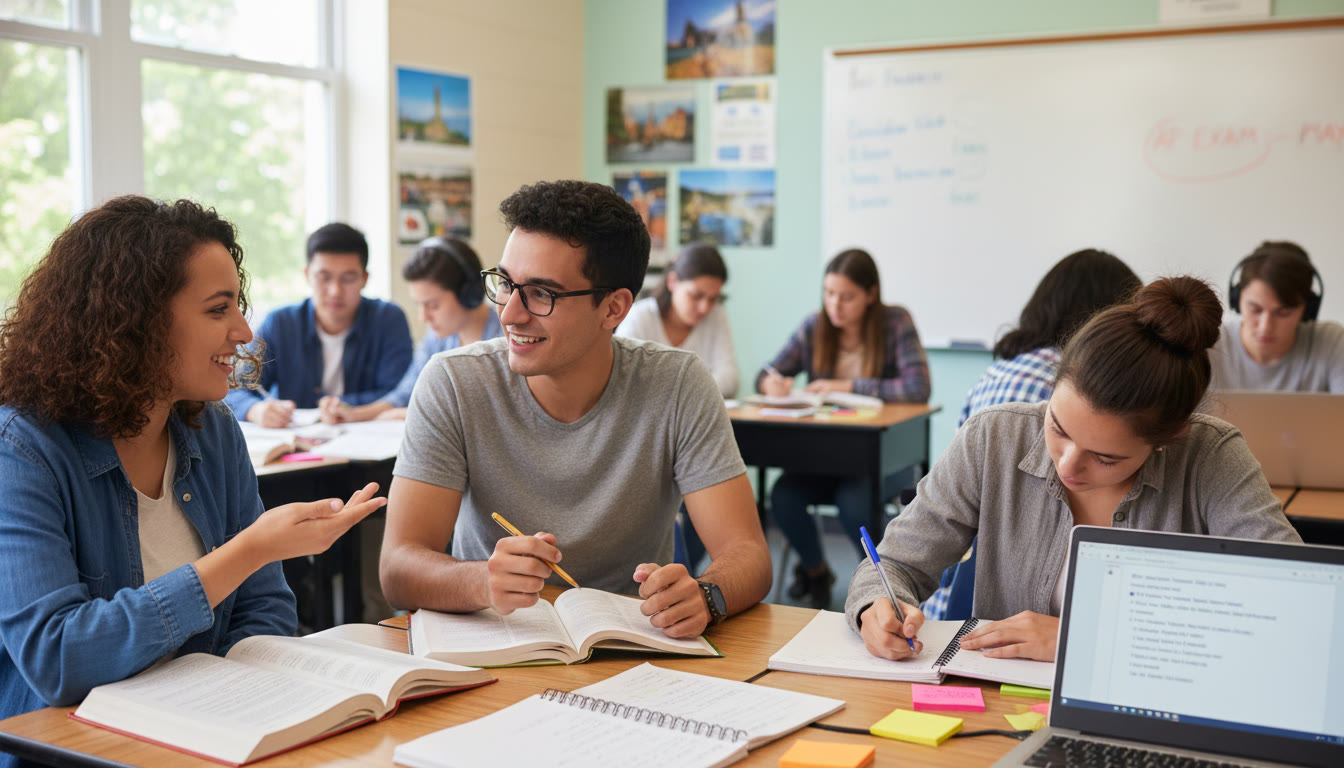 Photo Idea : A bright classroom scene where a student practices speaking with a partner while another writes notes—captures collaboration, focus, and the lived experience of language learning.