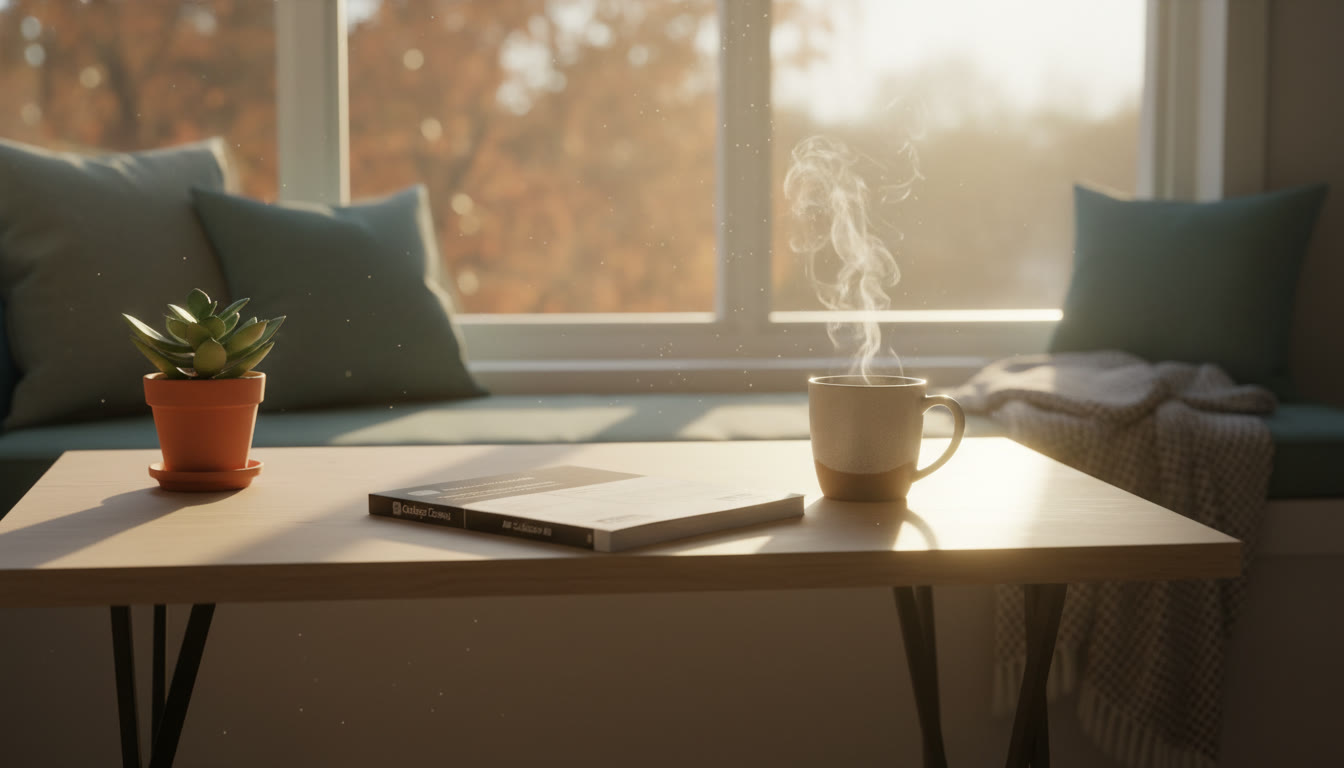Photo Idea : A serene study nook bathed in late-afternoon sunlight with a closed AP review booklet, a steaming mug, and a small plant — representing rest and gentle transition.