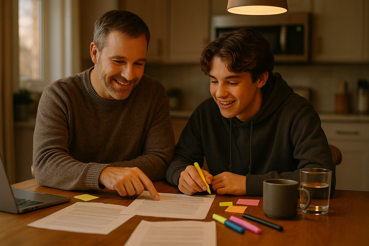 Photo Idea : A parent and teen reviewing a printed essay draft together around a kitchen table, sticky notes and highlighters visible — warm, collaborative mood.