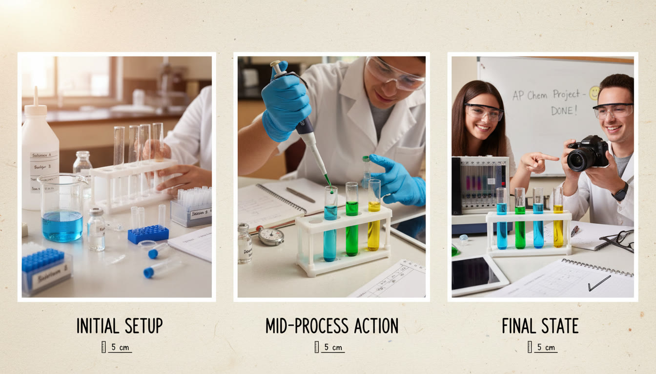 Photo Idea : A side-by-side composite mockup showing a three-frame sequence: initial setup, mid-process action (e.g., pipette depositing solution), and final state, each annotated with short captions and scale markers to illustrate a completed documentation workflow.