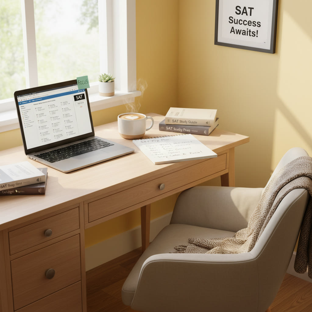 Photo Idea : A bright study nook with a laptop showing practice SAT questions, a notepad with a study schedule, and a coffee mug — warm, focused atmosphere to suggest calm preparation.
