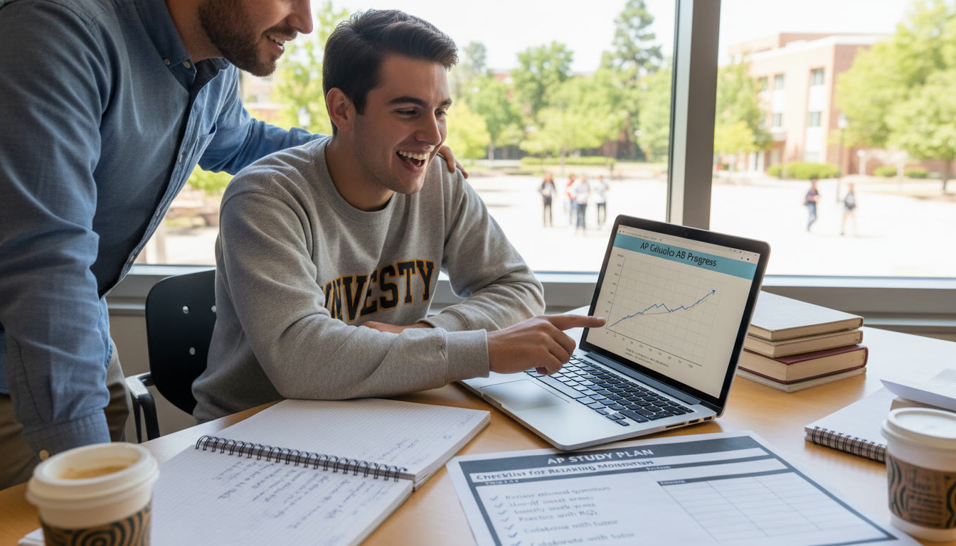 Photo Idea : A student and a tutor working over a laptop with a visible study plan and checklist on paper—conveys collaboration, guidance, and the moment of regaining momentum after a setback.
