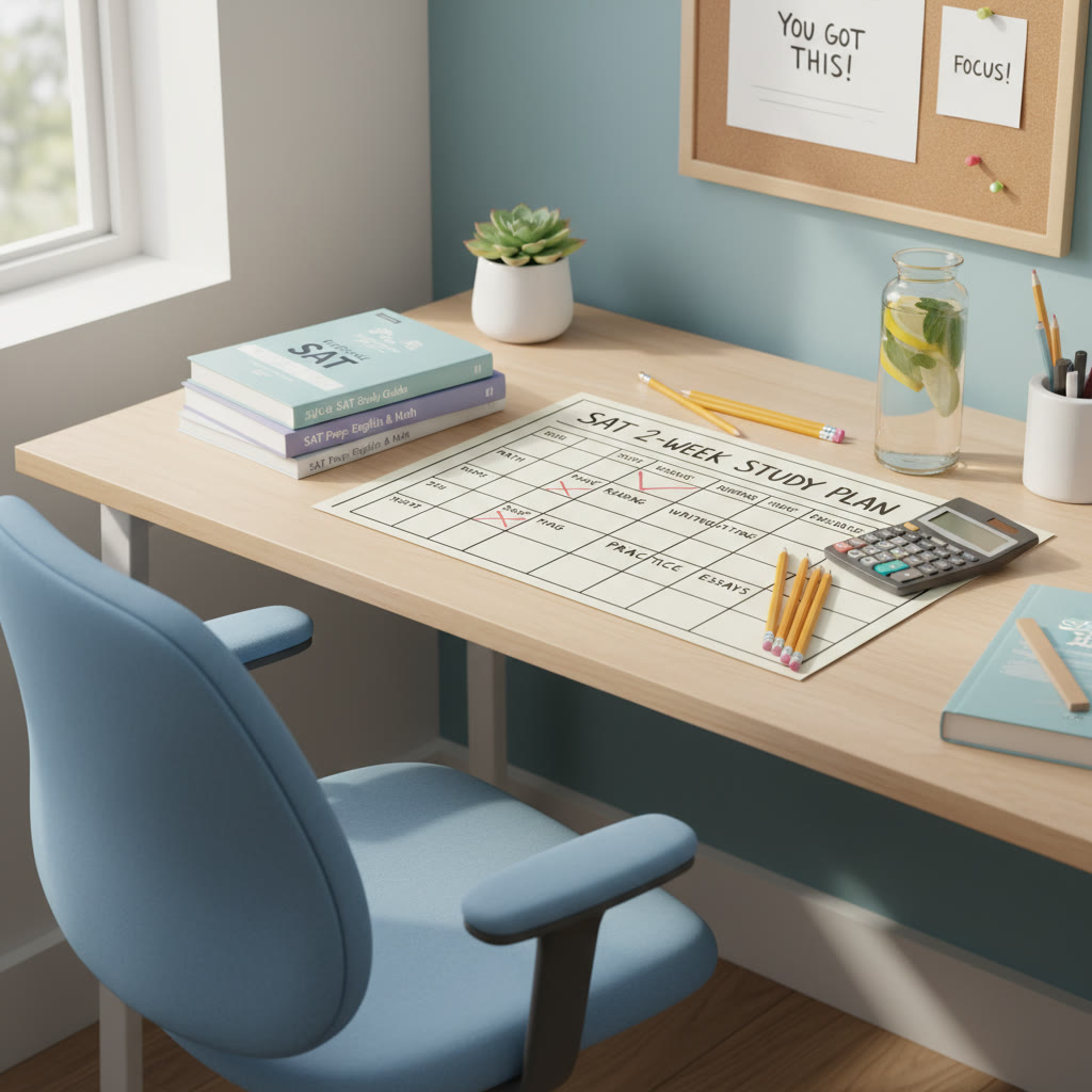 Organized study desk with a two-week study plan on paper, pencils, calculator, and a water bottle, description: suggest visual of a tidy, calm prep environment