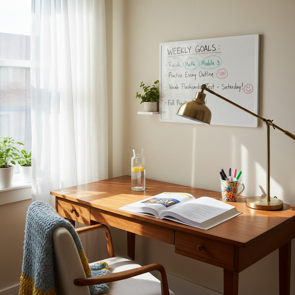 Wide shot of a small study corner: desk, lamp, whiteboard with weekly goals, open SAT practice book, and a water bottle