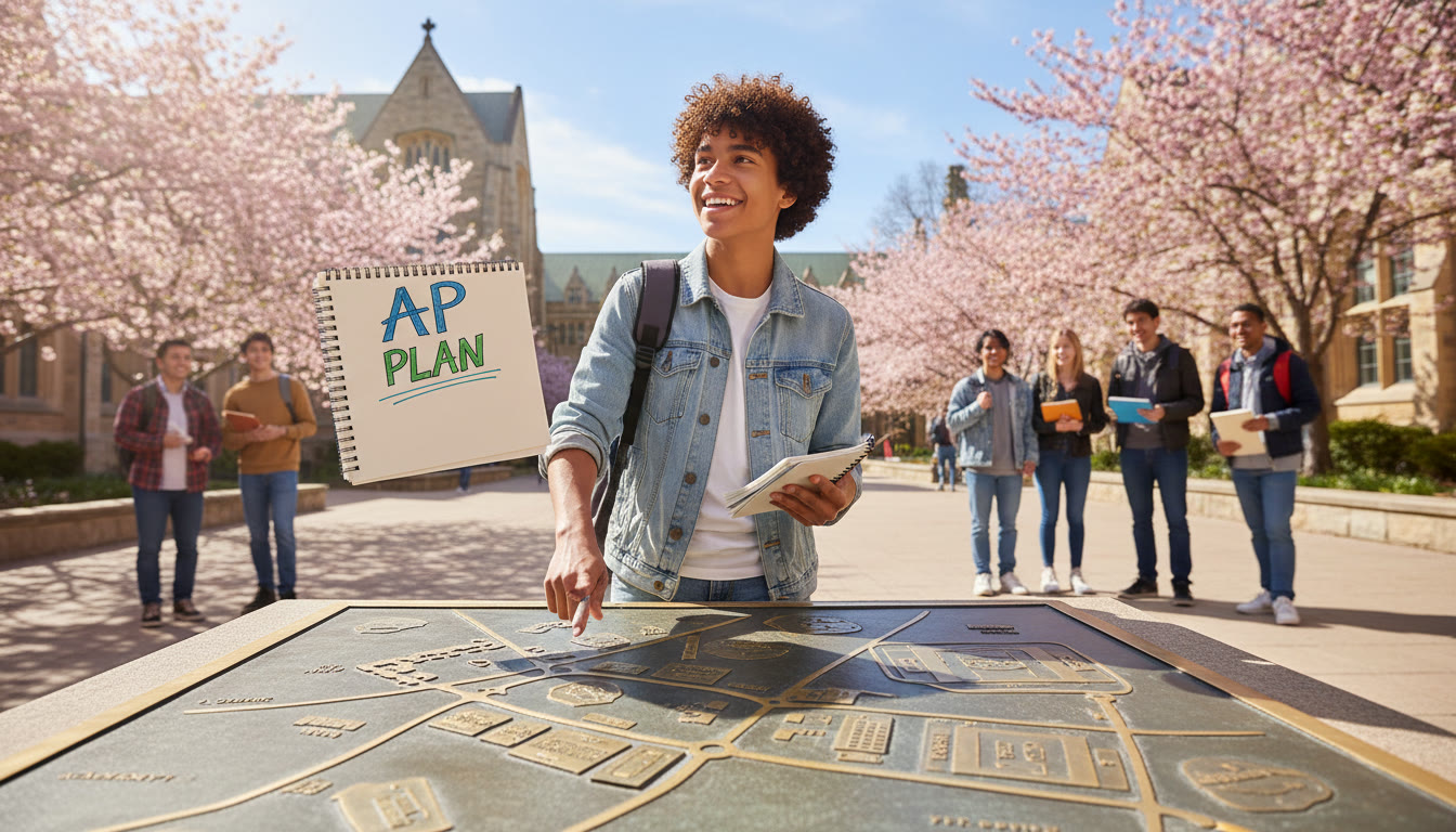 Photo Idea : A bright, aspirational photo of a teenager on a college campus tour map, holding a notebook titled
