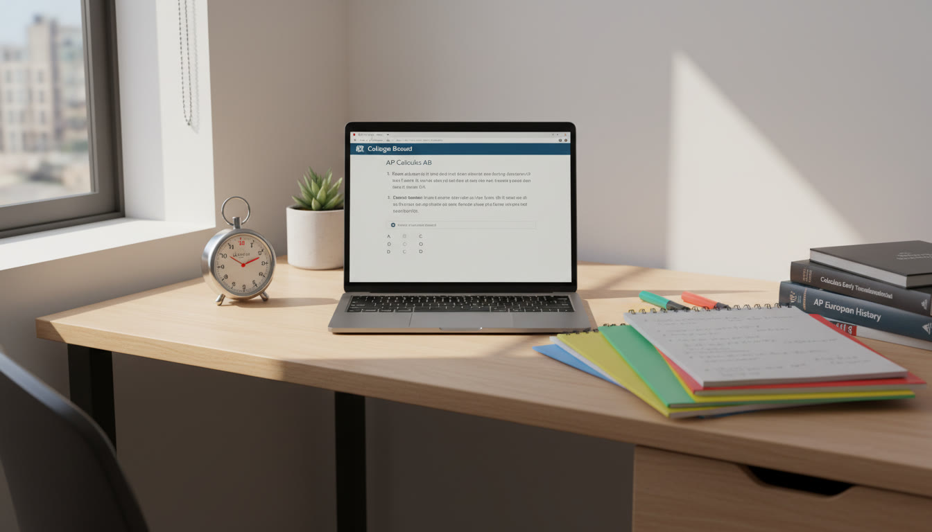 Photo Idea : A tidy study corner with a timer, color-coded notes, and a laptop showing an AP practice question—bright morning light and a small plant to suggest calm focus.