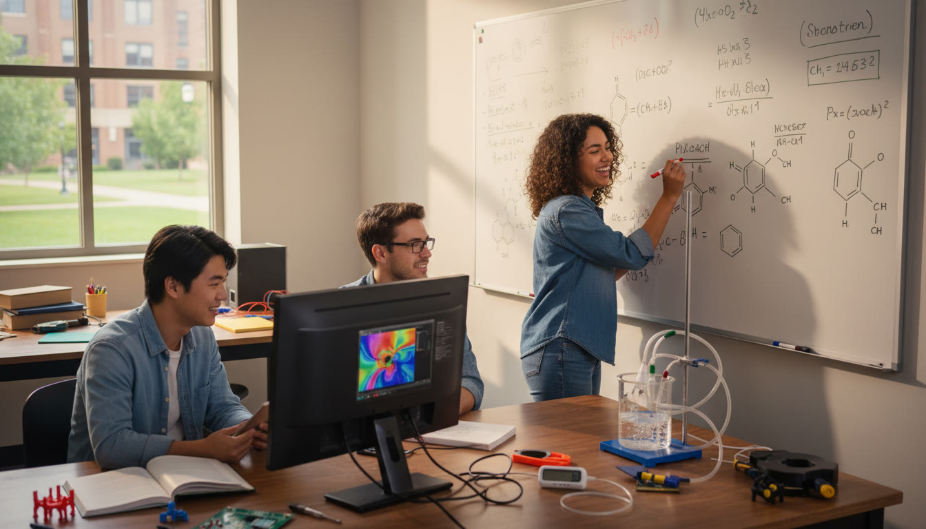 Photo Idea : A collaborative scene of a small group in a makerspace or lab — students sketching diagrams on a whiteboard, a laptop running a simulation, and a simple experiment visible — conveys community learning, hands-on work, and the interdisciplinary nature of modern STEM education.