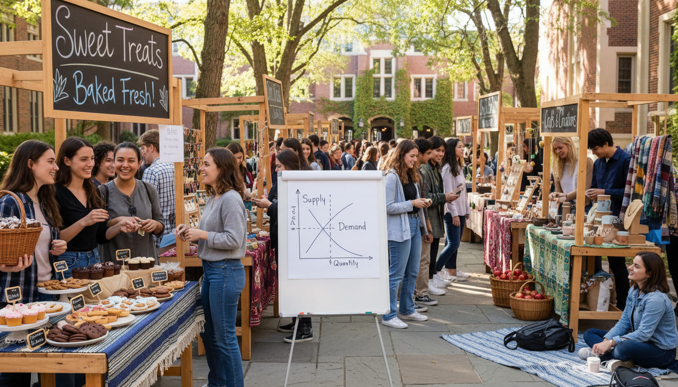 Photo Idea : A lively campus market scene showing students buying and selling homemade goods — visualizing supply and demand with real people and price tags in a sunny outdoor setting.