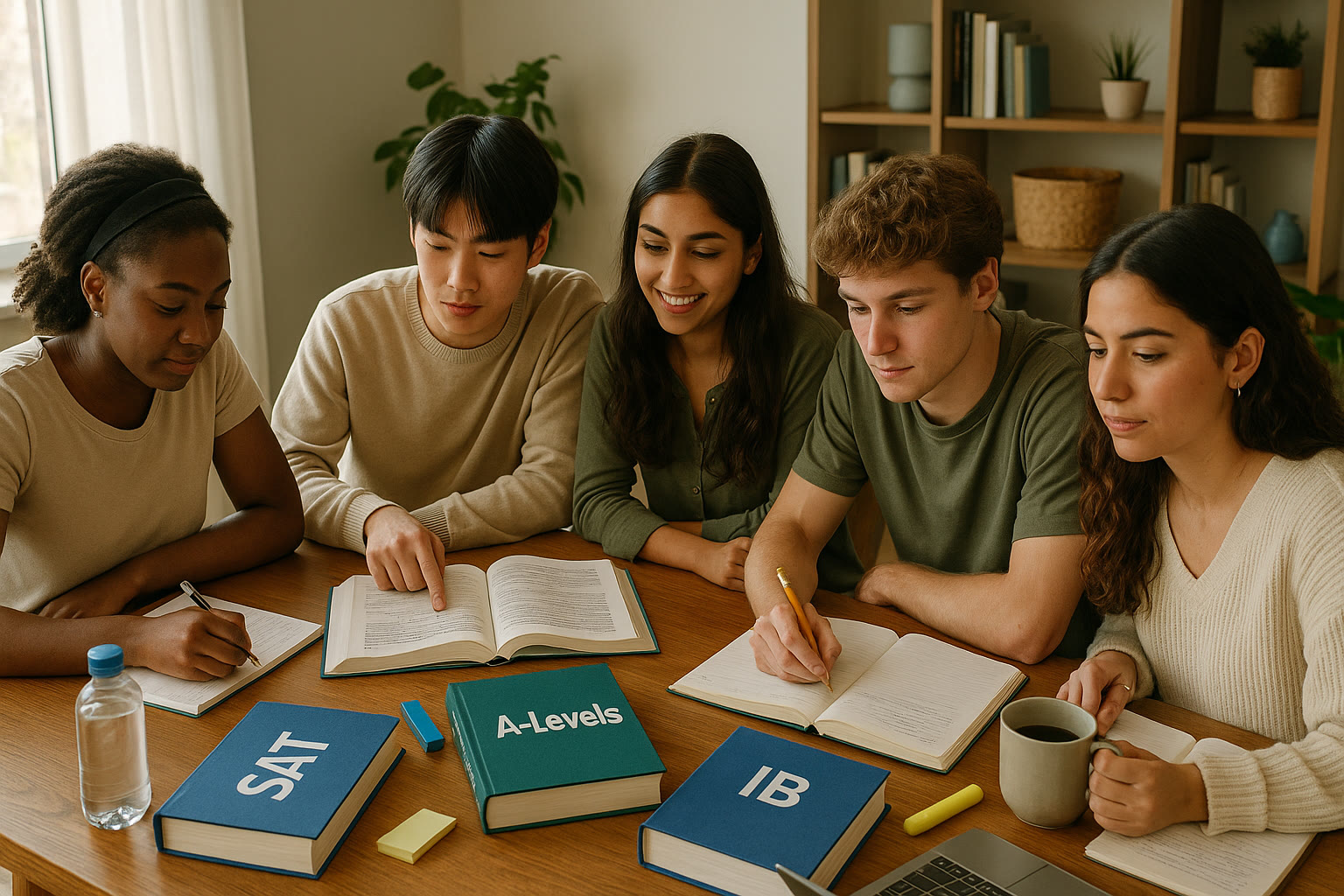 Photo Idea : A diverse group of students studying together at a dining table with textbooks labeled “SAT,” “A-Levels,” and “IB.” Natural lighting, relaxed but focused atmosphere.