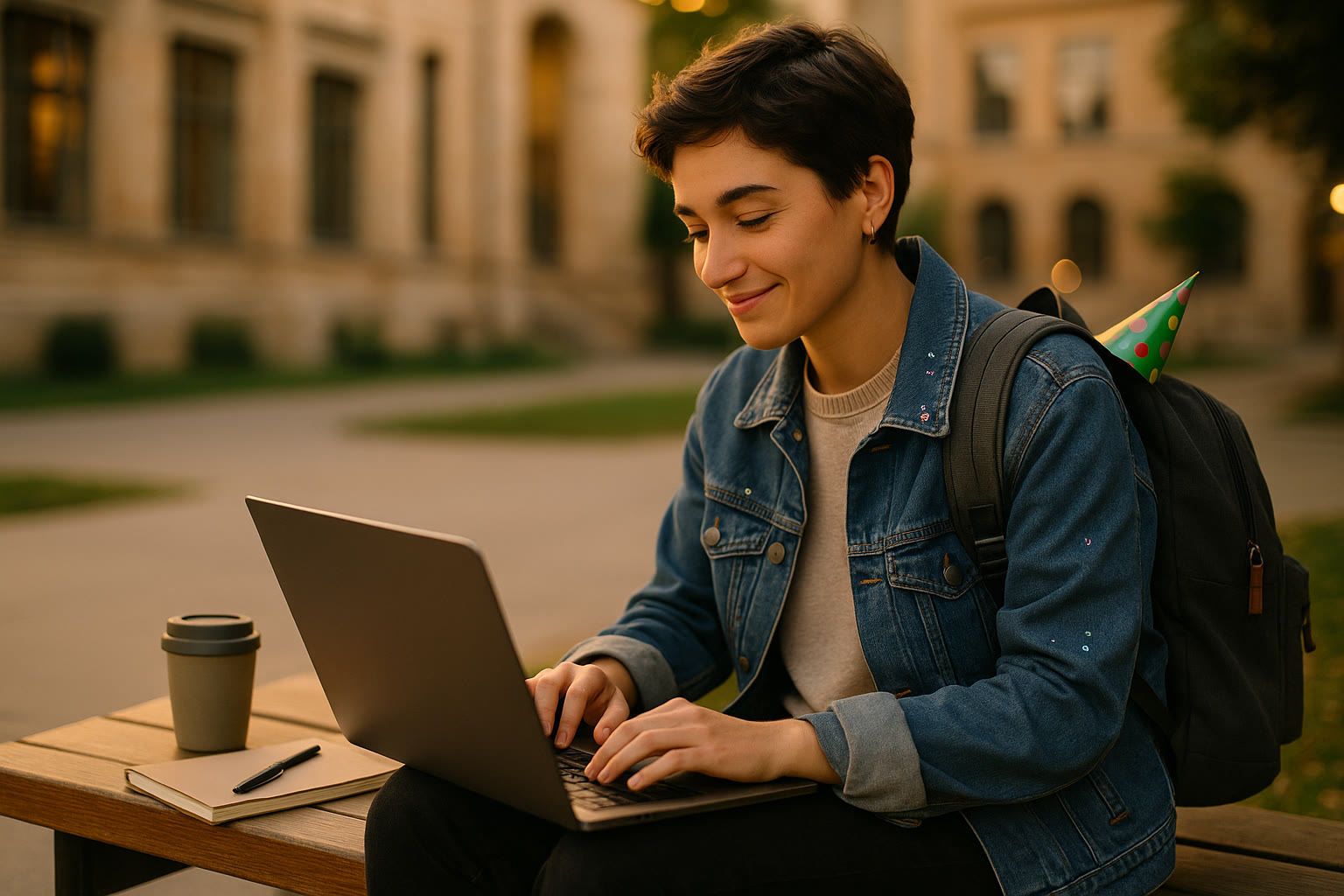 Photo Idea : A joyful, candid shot of a student returning from a celebration, smiling while opening a laptop for a short, focused study session—showing balance and calm.