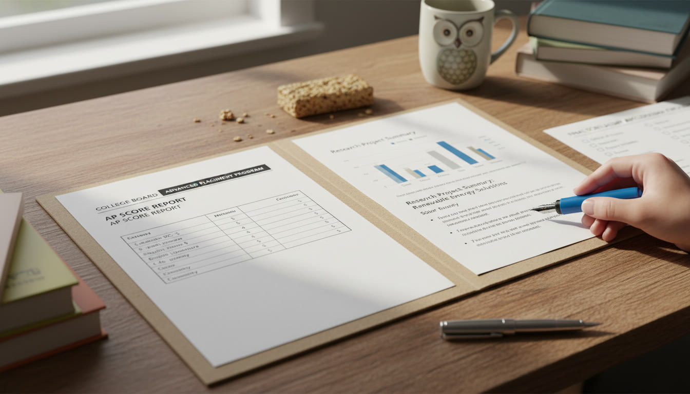 Photo Idea : Close-up of a student’s scholarship portfolio spread on a desk: AP score printout, a project summary with a chart, and a pen. Place this near the portfolio and final checklist sections to visually confirm the importance of organized evidence.