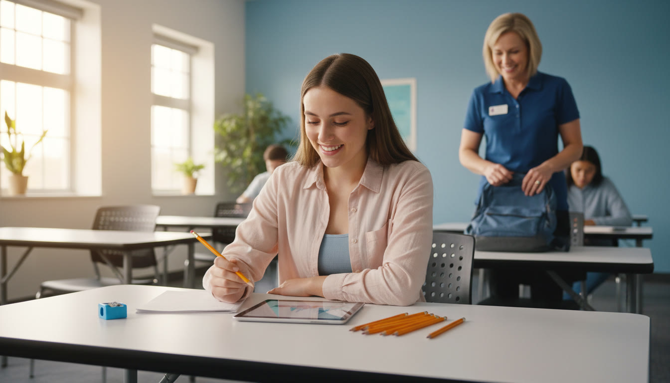Photo Idea : A calm student at a clutter-free desk with a tablet, No. 2 pencils, and a proctor checking a bag — bright natural light, friendly testing center atmosphere