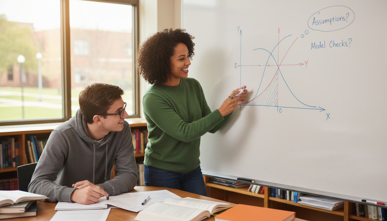 Photo Idea : A classroom or tutoring session where a student and tutor are reviewing a graph on a whiteboard, illustrating the collaborative exploration of assumptions and model checks.