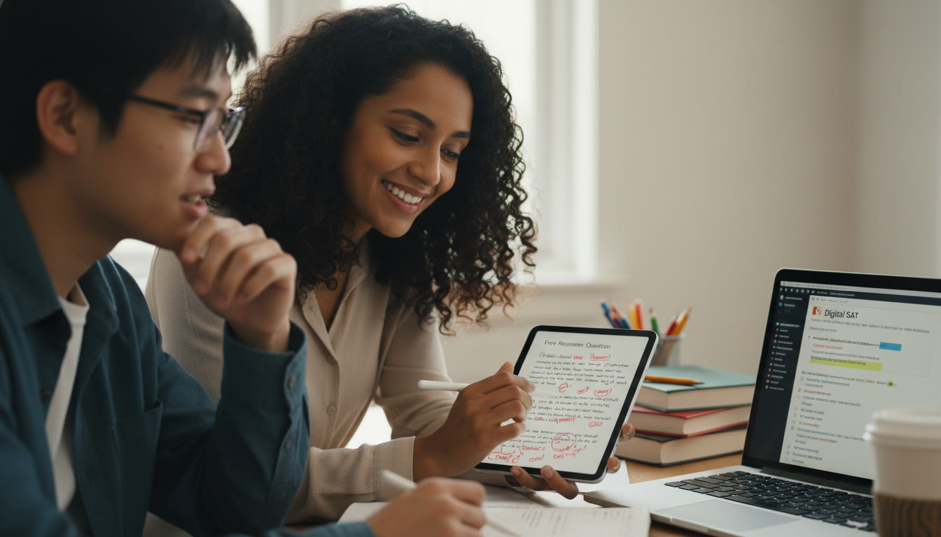 Photo Idea : Close-up of a tutor and student reviewing a marked FRQ essay side-by-side on a tablet, with a separate laptop showing a Digital SAT practice passage in the background. The scene conveys collaboration and targeted feedback.