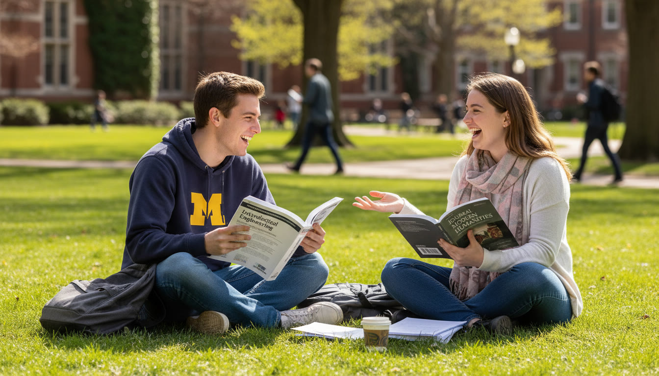 Photo Idea : A bright, candid photo of two students sitting on the University of Michigan campus green—one with an engineering textbook, one with a humanities journal—chatting and laughing. This humanizes the choice and fits the article’s conversational tone.