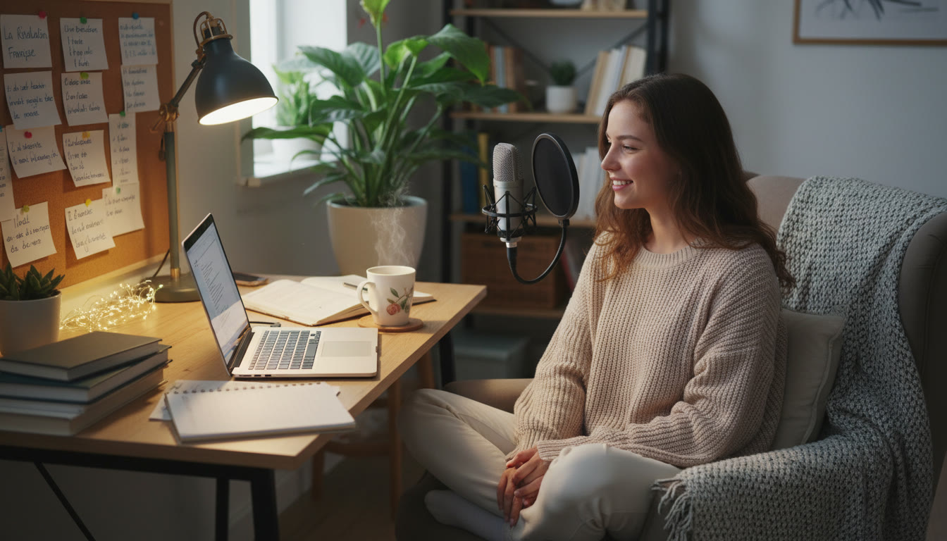 Photo Idea : A cozy study corner with a student recording into a microphone from a laptop; visible notes in the target language and a cup of tea to show relaxed, focused practice.