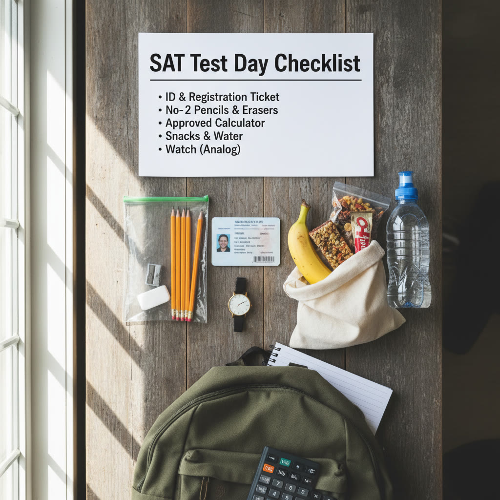 Photo idea: Cozy test-day flat lay including ID, pencils, snacks, a simple watch, and a packed bag. Description: Visual checklist reminding students of optimized logistics for test day.