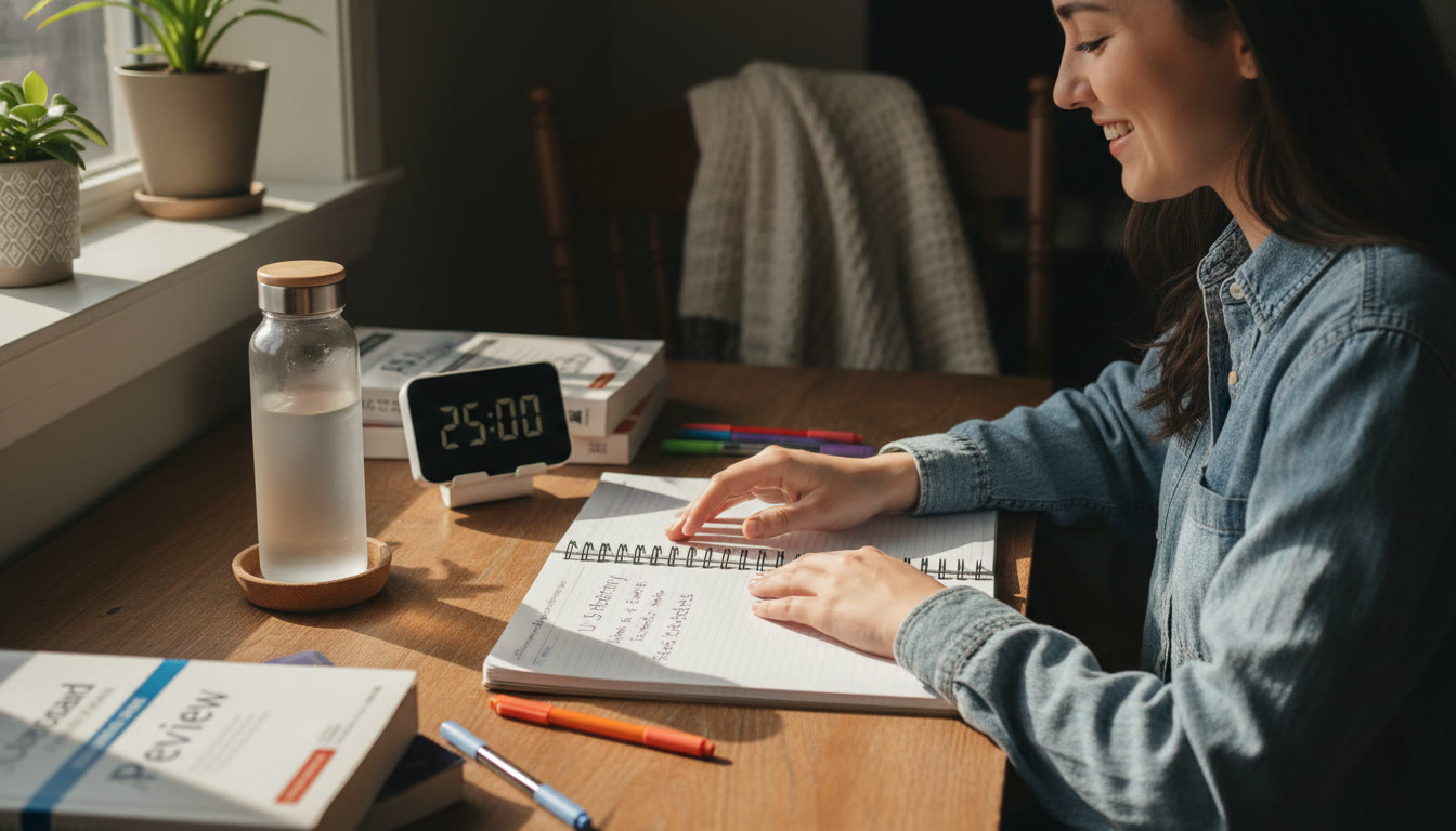 Photo Idea : A student mid-study with a timer visible, a notebook open showing a one-page synthesis, and a water bottle — cozy natural light, suggesting sustainable focus.