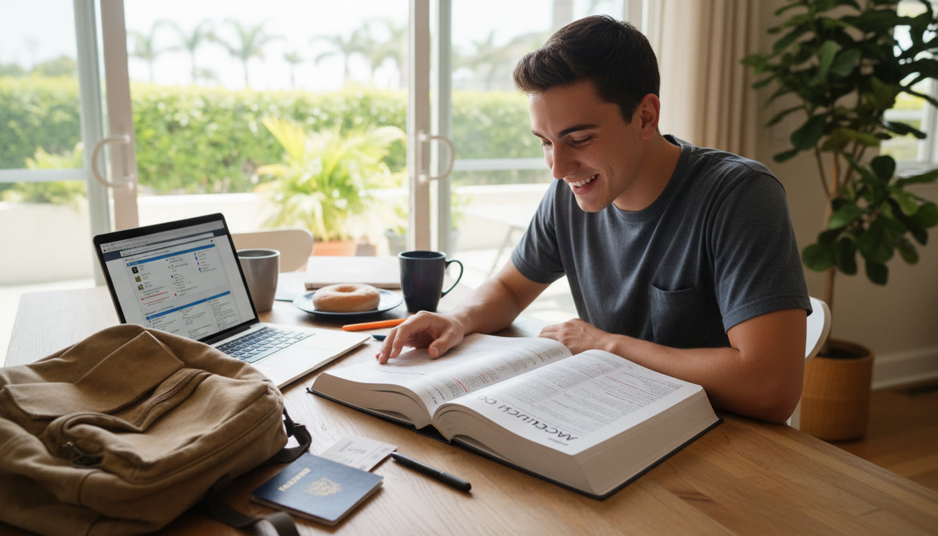 Photo Idea : A bright, candid photo of a student sitting at a kitchen table with AP textbook open, laptop beside them, a passport peeking out of a backpack — representing both study and travel possibilities.