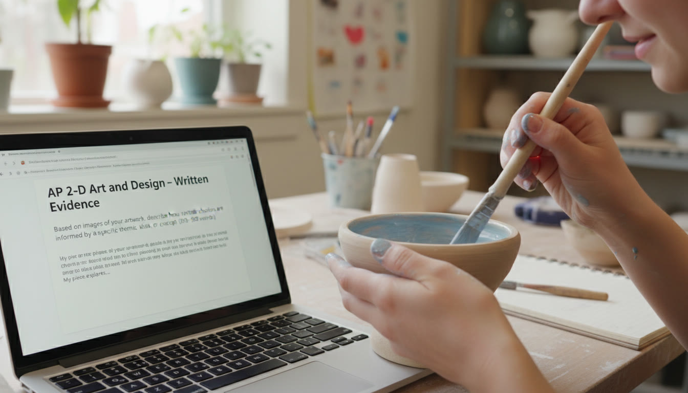 Photo Idea : Close-up detail of hands glazing a ceramic piece and a laptop screen showing a written evidence prompt—captures tactile process and digital submission workflow.